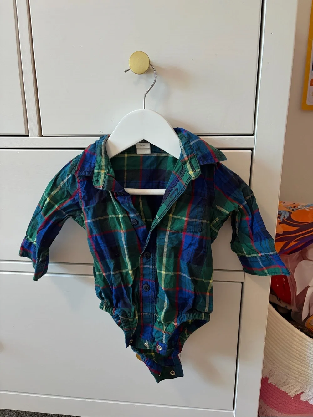 Gap 3-6 Months Green, Blue & Red Plaid Collared Long Sleeved Bodysuit